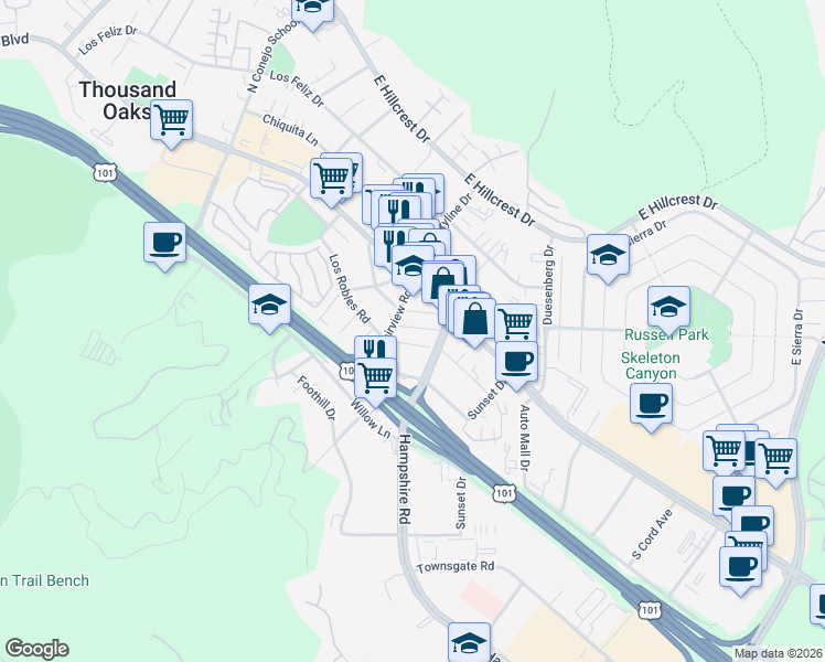 map of restaurants, bars, coffee shops, grocery stores, and more near 3059 Los Robles Road in Thousand Oaks