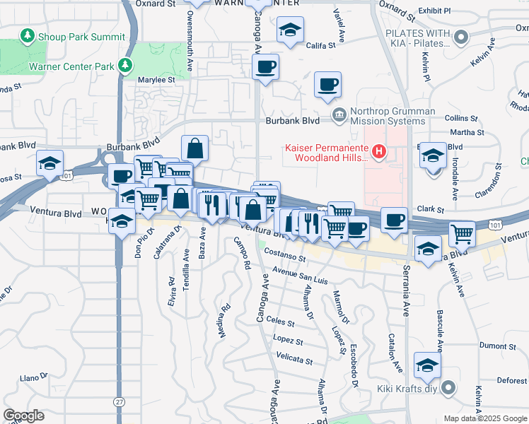 map of restaurants, bars, coffee shops, grocery stores, and more near 5419 Canoga Avenue in Los Angeles