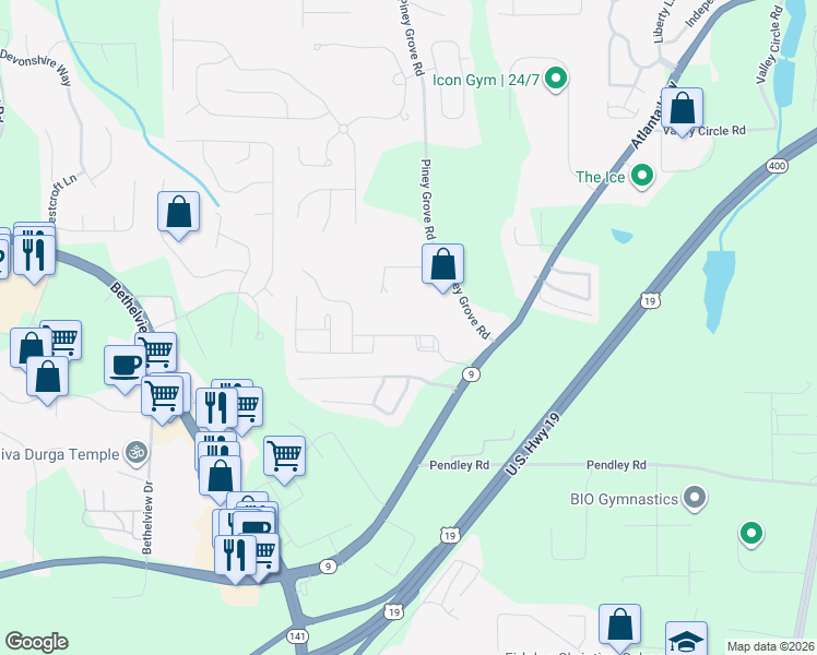map of restaurants, bars, coffee shops, grocery stores, and more near 2160 Highland Gate Drive in Cumming
