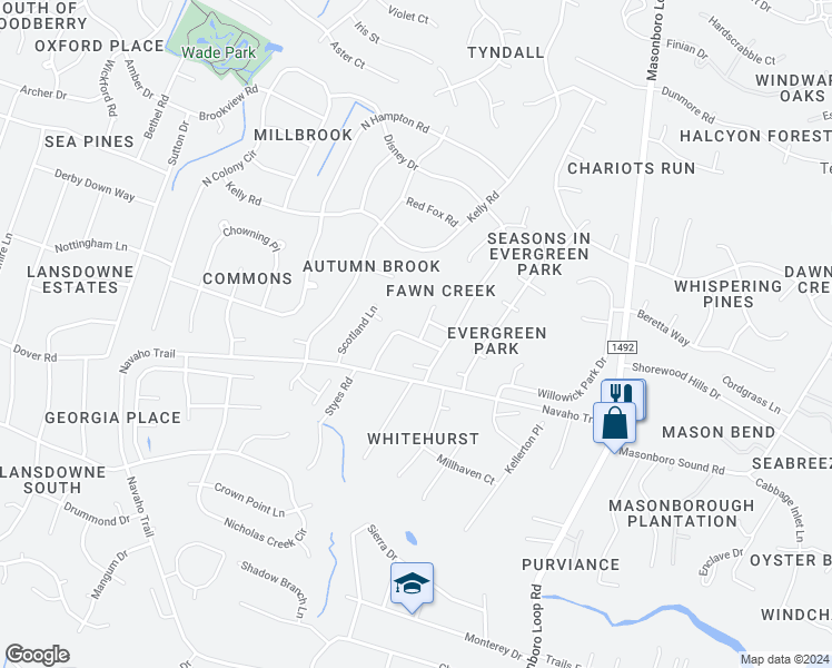 map of restaurants, bars, coffee shops, grocery stores, and more near 4018 Hounds Chase Drive in Wilmington