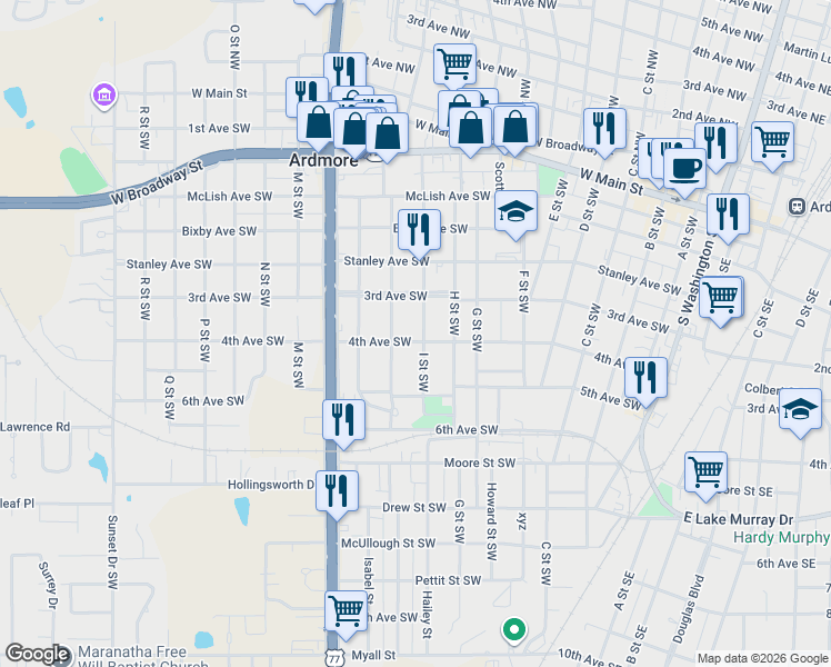 map of restaurants, bars, coffee shops, grocery stores, and more near 325 I Street Southwest in Ardmore