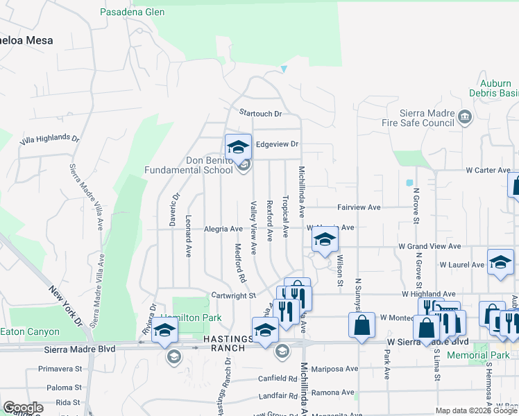 map of restaurants, bars, coffee shops, grocery stores, and more near 1280 Valley View Avenue in Pasadena