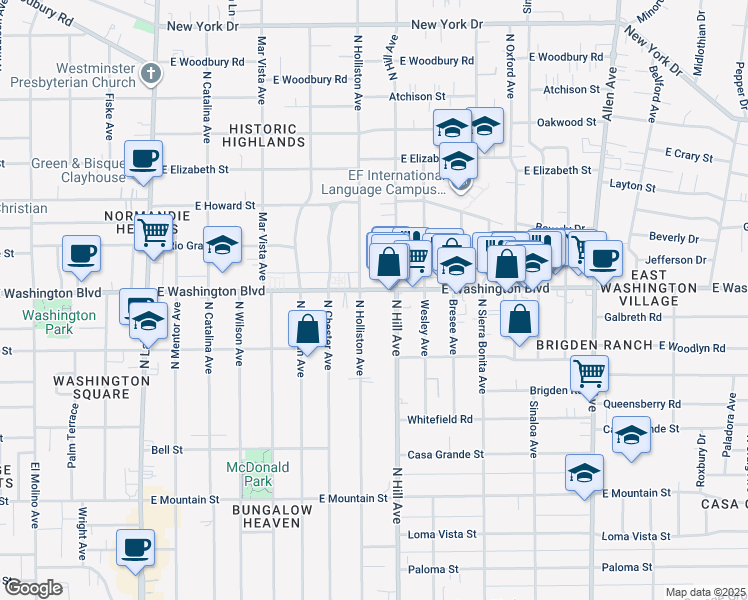 map of restaurants, bars, coffee shops, grocery stores, and more near in Pasadena