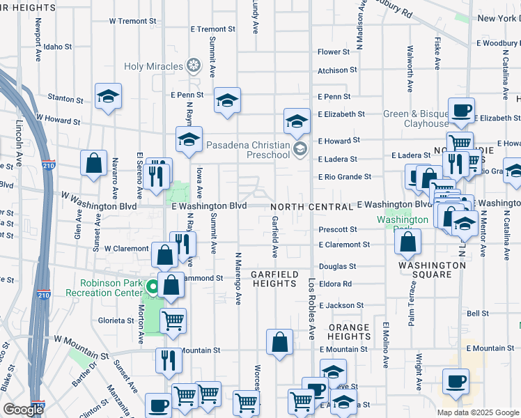 map of restaurants, bars, coffee shops, grocery stores, and more near in Pasadena
