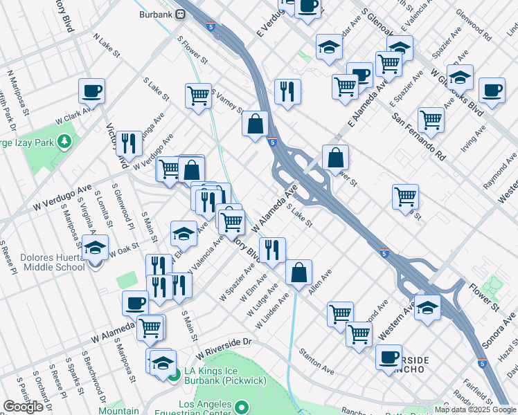 map of restaurants, bars, coffee shops, grocery stores, and more near 225 West Alameda Avenue in Burbank