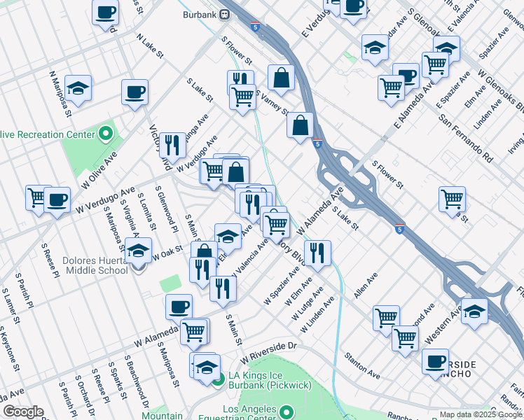 map of restaurants, bars, coffee shops, grocery stores, and more near 724 South Victory Boulevard in Burbank