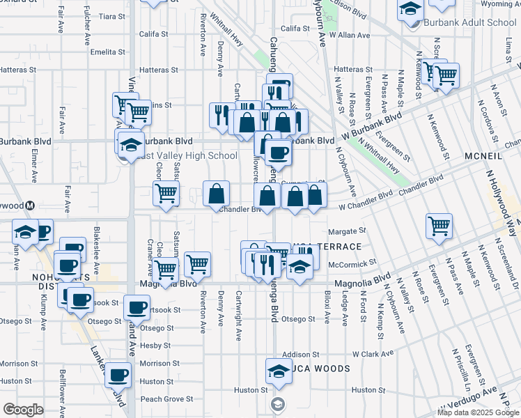 map of restaurants, bars, coffee shops, grocery stores, and more near 5333 Cahuenga Boulevard in Los Angeles