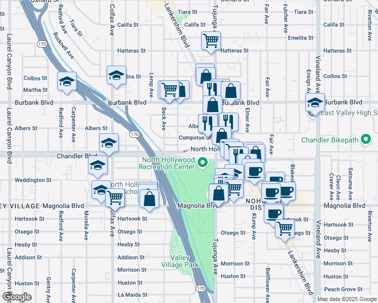 map of restaurants, bars, coffee shops, grocery stores, and more near 11466 Chandler Boulevard in Los Angeles