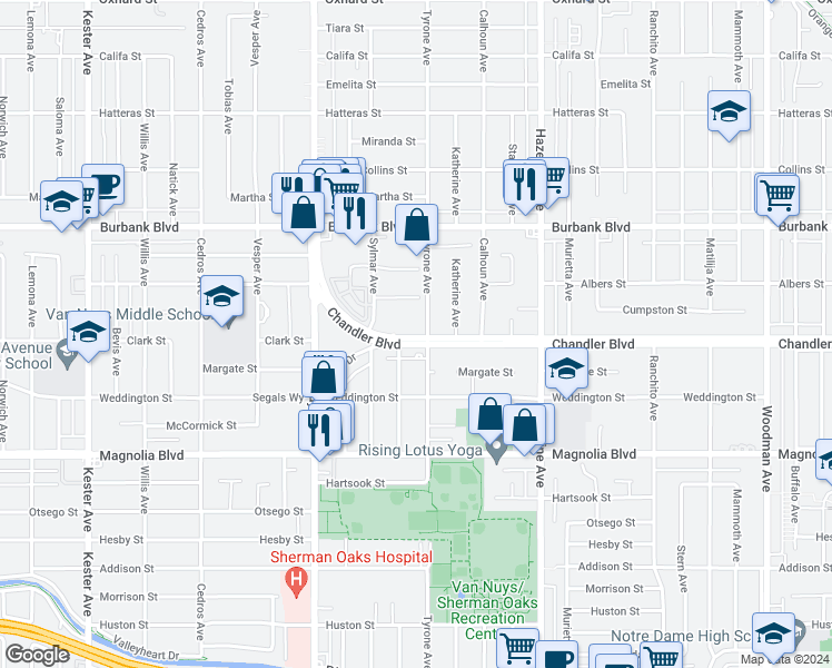 map of restaurants, bars, coffee shops, grocery stores, and more near 14304 Chandler Boulevard in Los Angeles