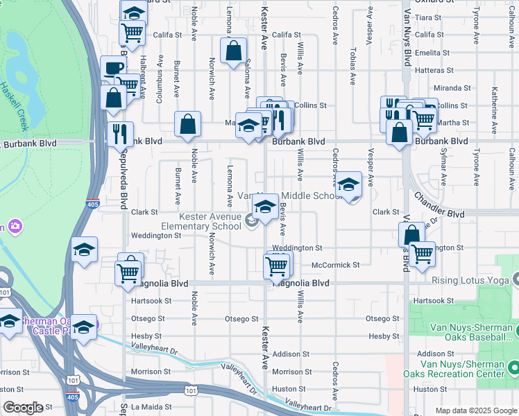 map of restaurants, bars, coffee shops, grocery stores, and more near 5404 Saloma Avenue in Los Angeles