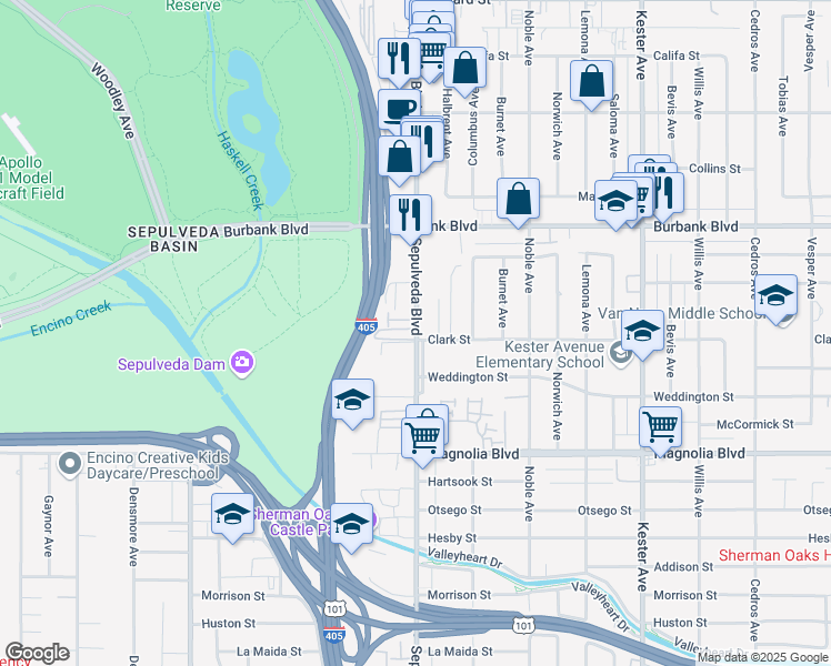 map of restaurants, bars, coffee shops, grocery stores, and more near 5401 Sepulveda Boulevard in Los Angeles