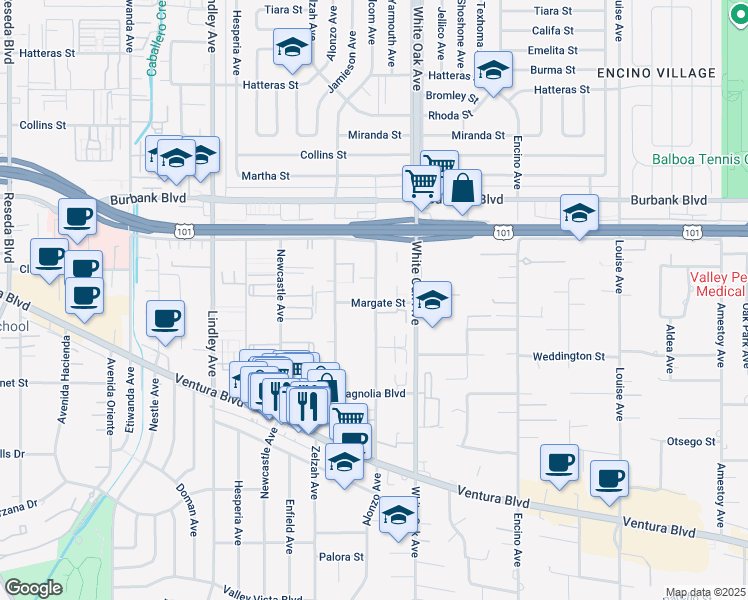 map of restaurants, bars, coffee shops, grocery stores, and more near 5353 Yarmouth Avenue in Los Angeles