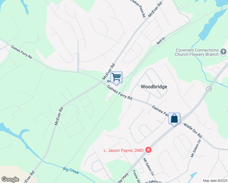 map of restaurants, bars, coffee shops, grocery stores, and more near 6169 Gaines Ferry Road in Flowery Branch
