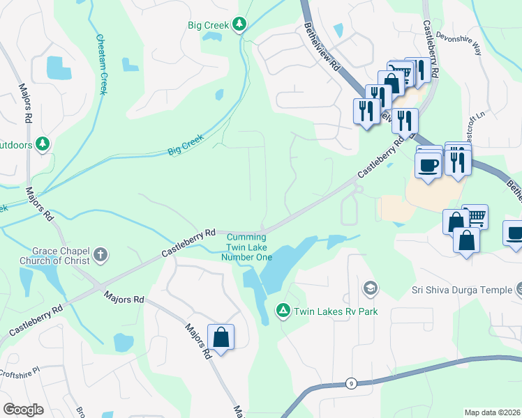 map of restaurants, bars, coffee shops, grocery stores, and more near 5890 Bluff Heights Drive in Cumming