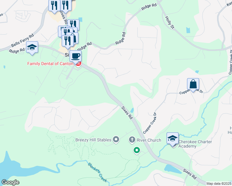 map of restaurants, bars, coffee shops, grocery stores, and more near 2784 Sixes Road in Canton