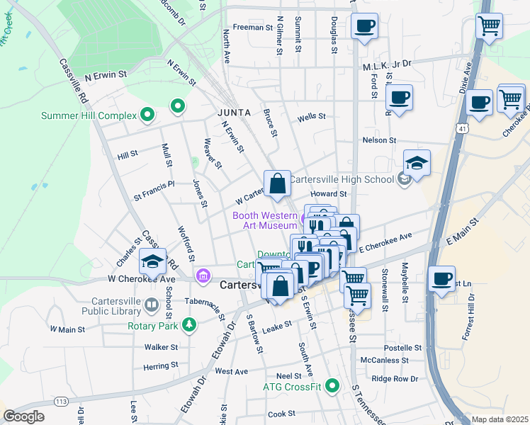 map of restaurants, bars, coffee shops, grocery stores, and more near 11 Tumlin Street in Cartersville