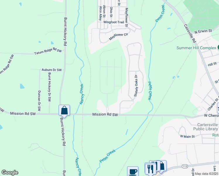 map of restaurants, bars, coffee shops, grocery stores, and more near 34 Rock Foot Way in Cartersville