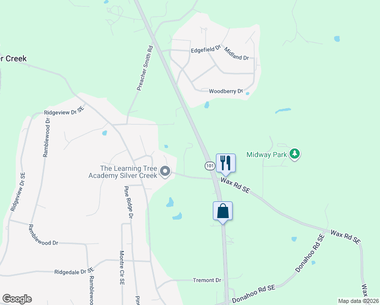 map of restaurants, bars, coffee shops, grocery stores, and more near 135 Wax Road Southeast in Silver Creek