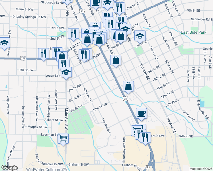map of restaurants, bars, coffee shops, grocery stores, and more near 800 4th Avenue Southwest in Cullman