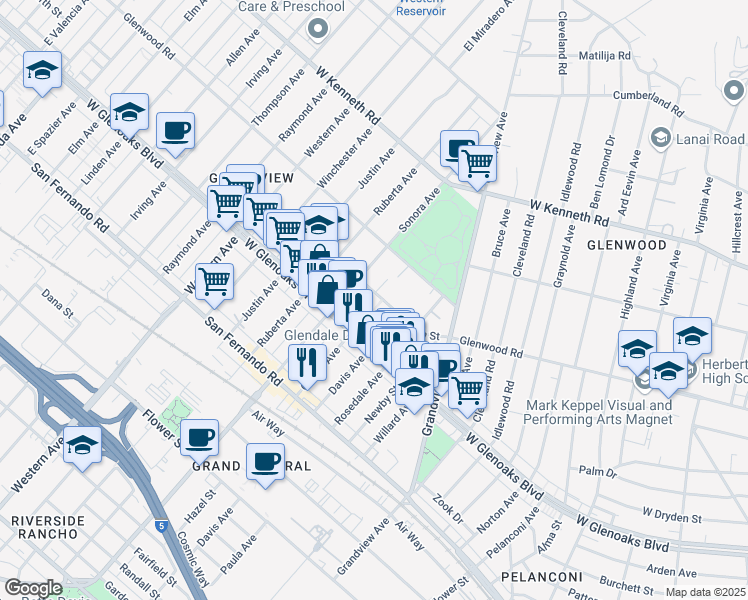 map of restaurants, bars, coffee shops, grocery stores, and more near 1416 5th Street in Glendale