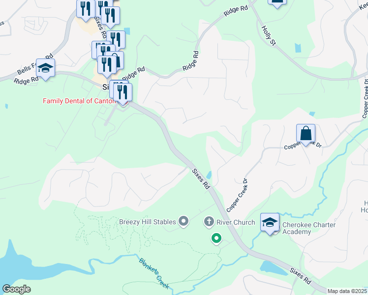 map of restaurants, bars, coffee shops, grocery stores, and more near 2784 Sixes Road in Canton