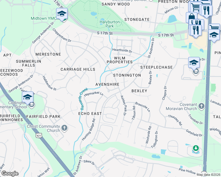 map of restaurants, bars, coffee shops, grocery stores, and more near 1111 Avenshire Circle in Wilmington