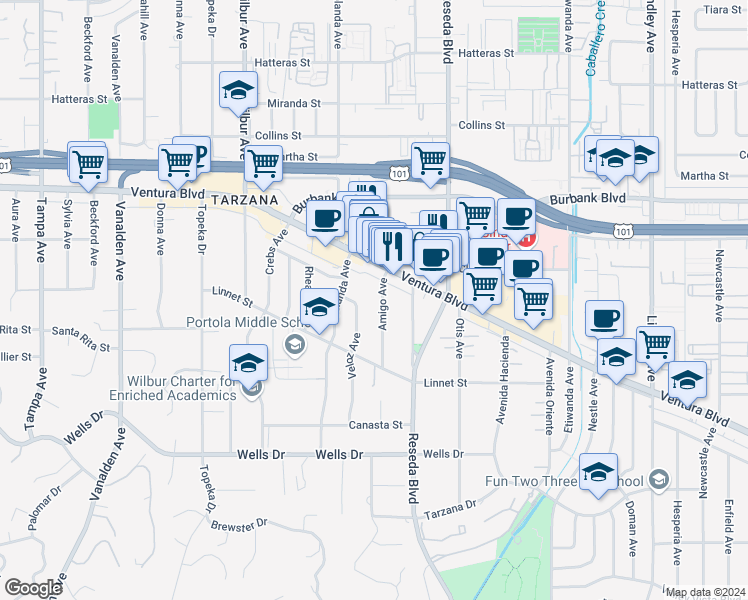 map of restaurants, bars, coffee shops, grocery stores, and more near 5425 Amigo Avenue in Los Angeles