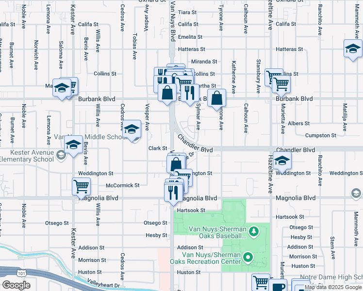 map of restaurants, bars, coffee shops, grocery stores, and more near 5400 Van Nuys Boulevard in Los Angeles