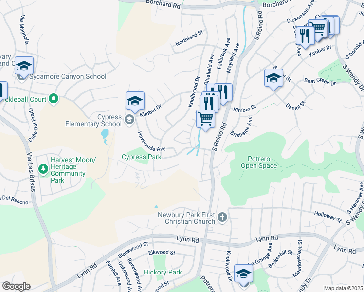 map of restaurants, bars, coffee shops, grocery stores, and more near 3900 Rodene Street in Thousand Oaks