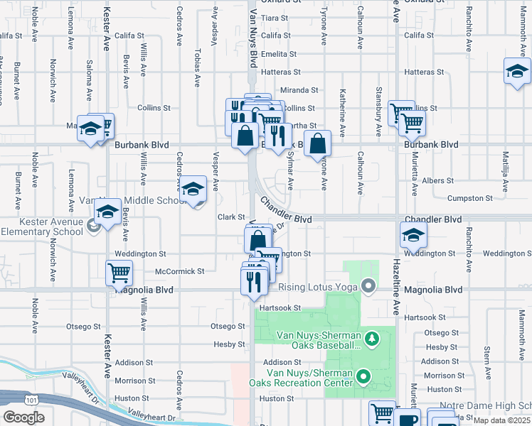 map of restaurants, bars, coffee shops, grocery stores, and more near 5400 Van Nuys Boulevard in Los Angeles