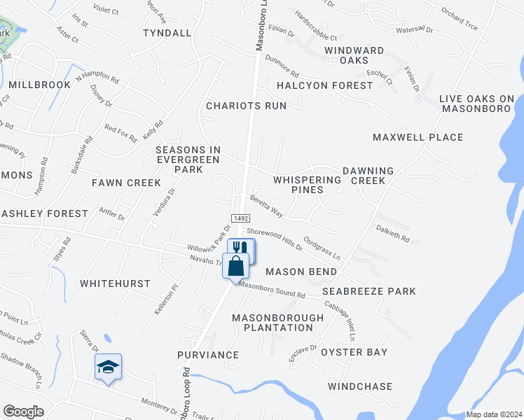 map of restaurants, bars, coffee shops, grocery stores, and more near 5312 Beretta Way in Wilmington