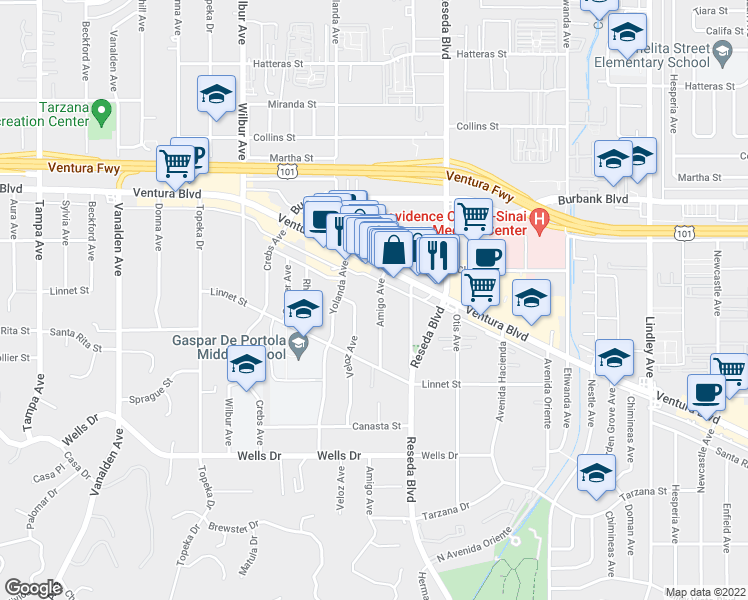 map of restaurants, bars, coffee shops, grocery stores, and more near 5425 Amigo Avenue in Los Angeles