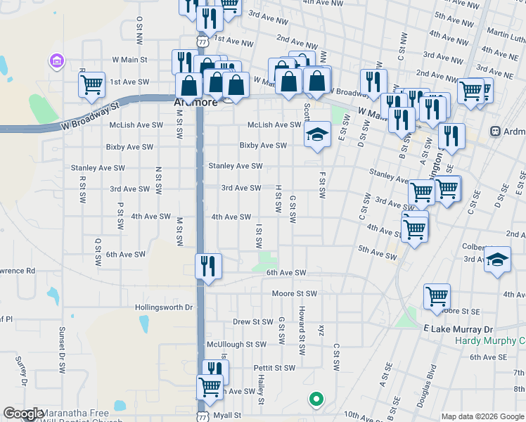 map of restaurants, bars, coffee shops, grocery stores, and more near 325 I Street Southwest in Ardmore