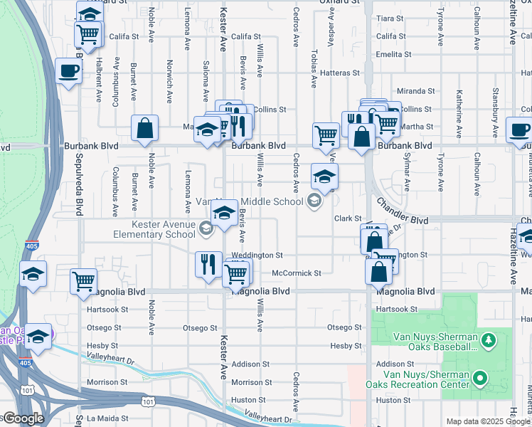 map of restaurants, bars, coffee shops, grocery stores, and more near 14753 Clark Street in Los Angeles