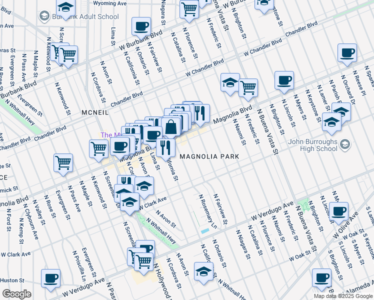 map of restaurants, bars, coffee shops, grocery stores, and more near 819 North Fairview Street in Burbank