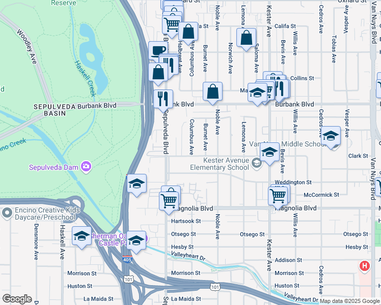 map of restaurants, bars, coffee shops, grocery stores, and more near 5401 Columbus Avenue in Los Angeles
