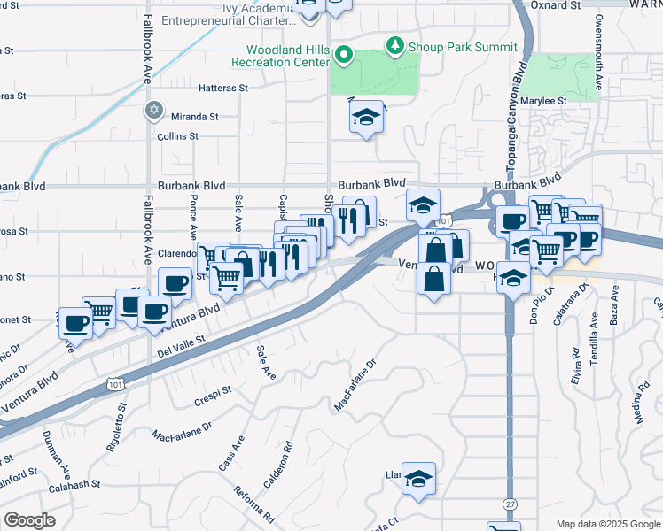 map of restaurants, bars, coffee shops, grocery stores, and more near Ventura Blvd & Shoup Ave in Los Angeles