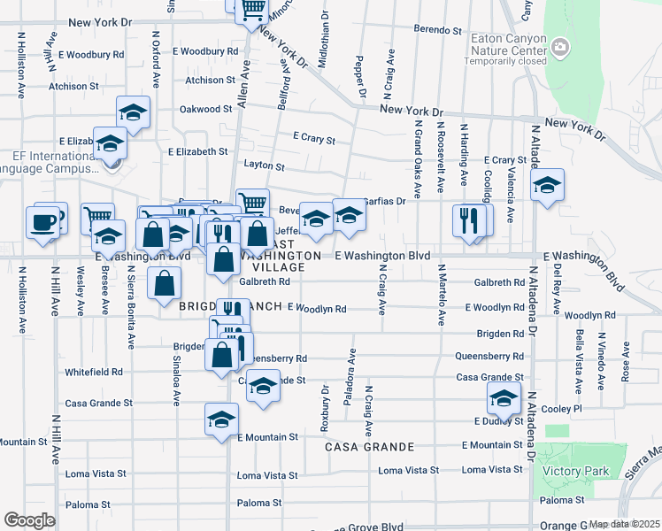 map of restaurants, bars, coffee shops, grocery stores, and more near 2052 East Washington Boulevard in Pasadena