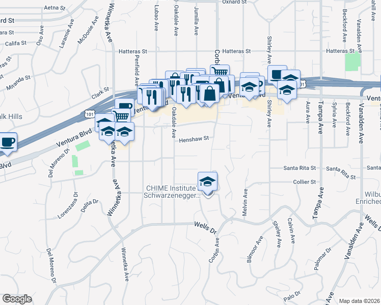 map of restaurants, bars, coffee shops, grocery stores, and more near 19825 Santa Rita Street in Los Angeles