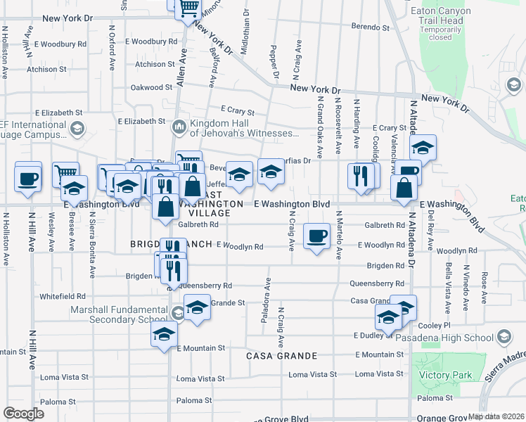 map of restaurants, bars, coffee shops, grocery stores, and more near 2084 East Washington Boulevard in Pasadena