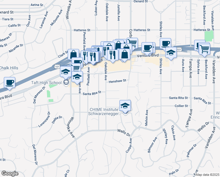 map of restaurants, bars, coffee shops, grocery stores, and more near 19845 Santa Rita Street in Los Angeles