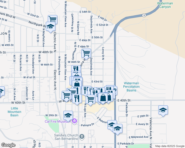 map of restaurants, bars, coffee shops, grocery stores, and more near 4409 Sepulveda Avenue in San Bernardino