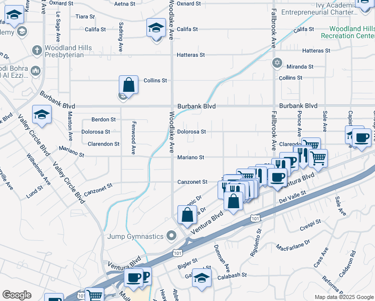 map of restaurants, bars, coffee shops, grocery stores, and more near 23119 Mariano Street in Los Angeles