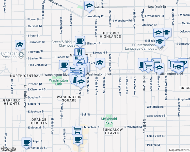 map of restaurants, bars, coffee shops, grocery stores, and more near 1300 North Catalina Avenue in Pasadena