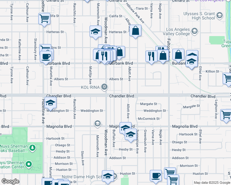 map of restaurants, bars, coffee shops, grocery stores, and more near 13627 Chandler Boulevard in Los Angeles