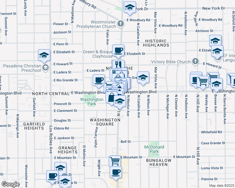 map of restaurants, bars, coffee shops, grocery stores, and more near in Pasadena