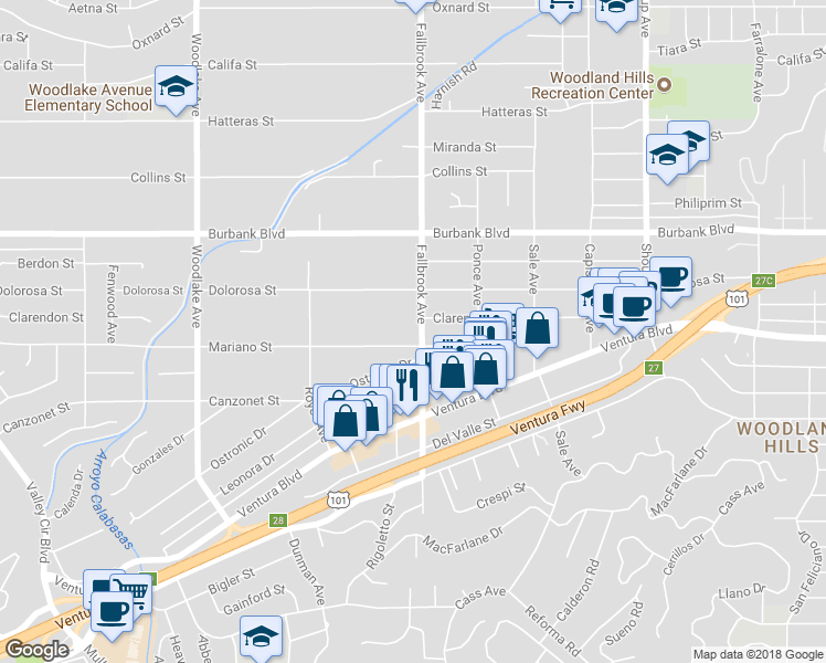 map of restaurants, bars, coffee shops, grocery stores, and more near 5415 Fallbrook Avenue in Los Angeles