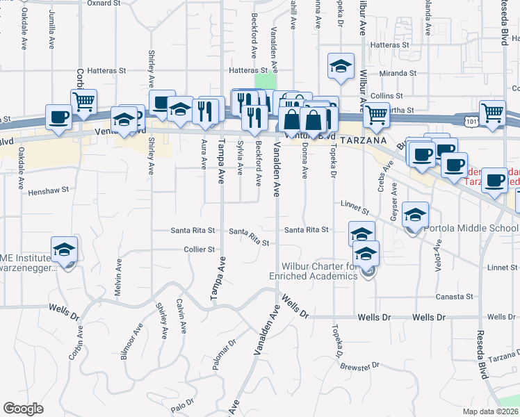 map of restaurants, bars, coffee shops, grocery stores, and more near 19200 Linnet Street in Los Angeles