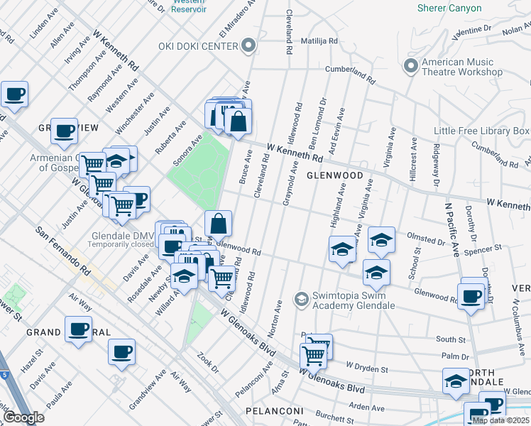 map of restaurants, bars, coffee shops, grocery stores, and more near 1355 Idlewood Road in Glendale