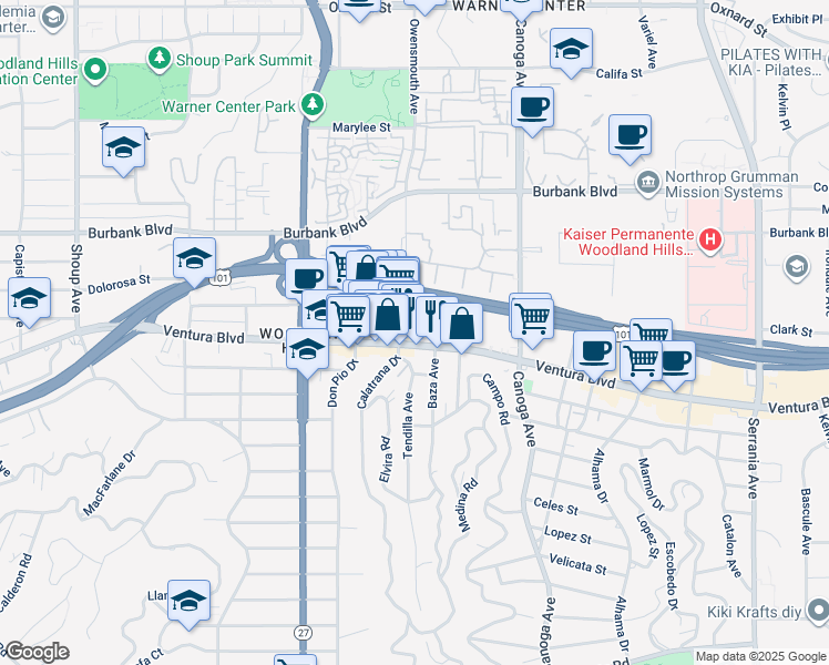 map of restaurants, bars, coffee shops, grocery stores, and more near 21733 Ventura Boulevard in Los Angeles